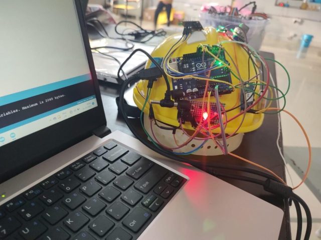 arduino mounted to a hard hat